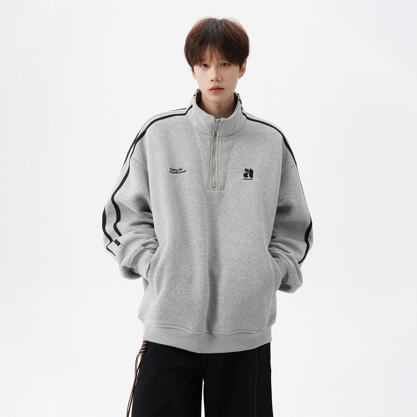 American Striped Stand-up Collar Couple Sweater Men's Autumn Tide Brand Retro Half-zipper Top Design Sense Heavy Sports Jacket_viptrois.com