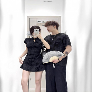 Chinese Fashion Couple Outfit One Top One Skirt 2025 New Pure Cotton Short-Sleeve High-Waist A-Line Pure Cotton Dress