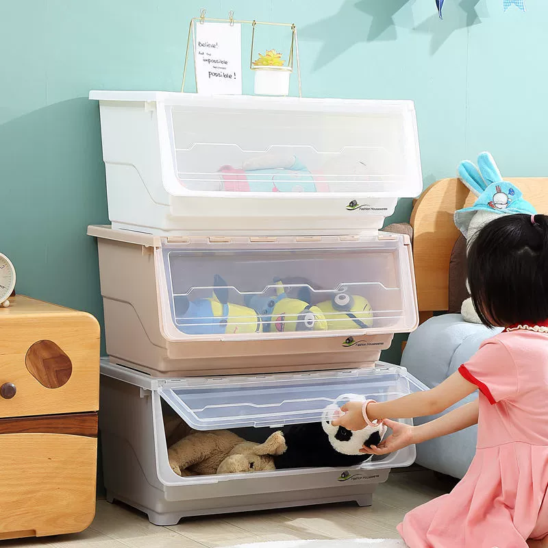 Большой вместительный ящик для хранения с передним открытием для домашнего использования, утолщенный многофункциональный штабелируемый ящик с откидной крышкой для организации игрушек и одежды.