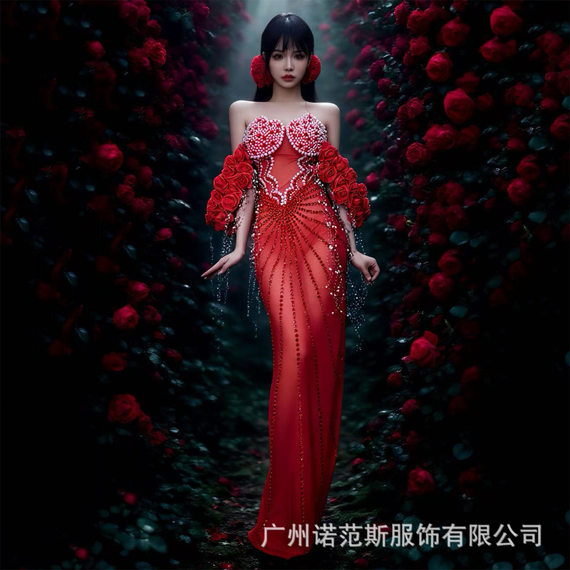 Unique and Elegant Pearl Diamond Red Rose Decorated Long Dress Photo Halloween Ball Amusement Park Parade Party Dress
