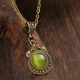 蓝菁 跨境外贸亚马逊热销哥特式青铜绿色石头吊坠项链 复古吊坠