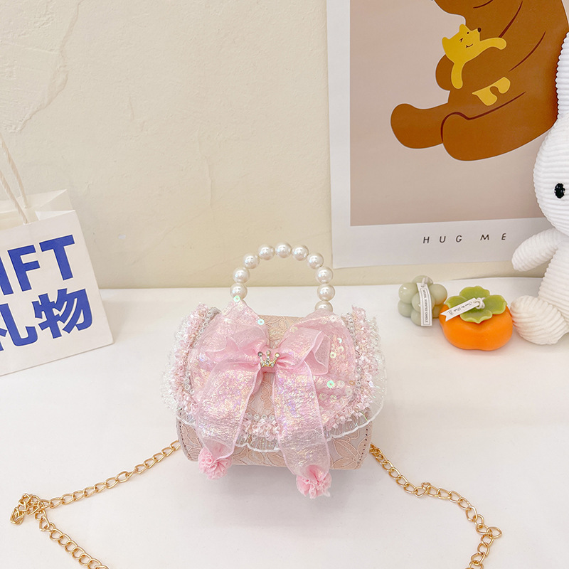 Bolso infantil de perlas 2024 nueva chica arco de moda, bolsa de tramo inclinada, princesa de moda, accesorios de algodón y lino, bolso