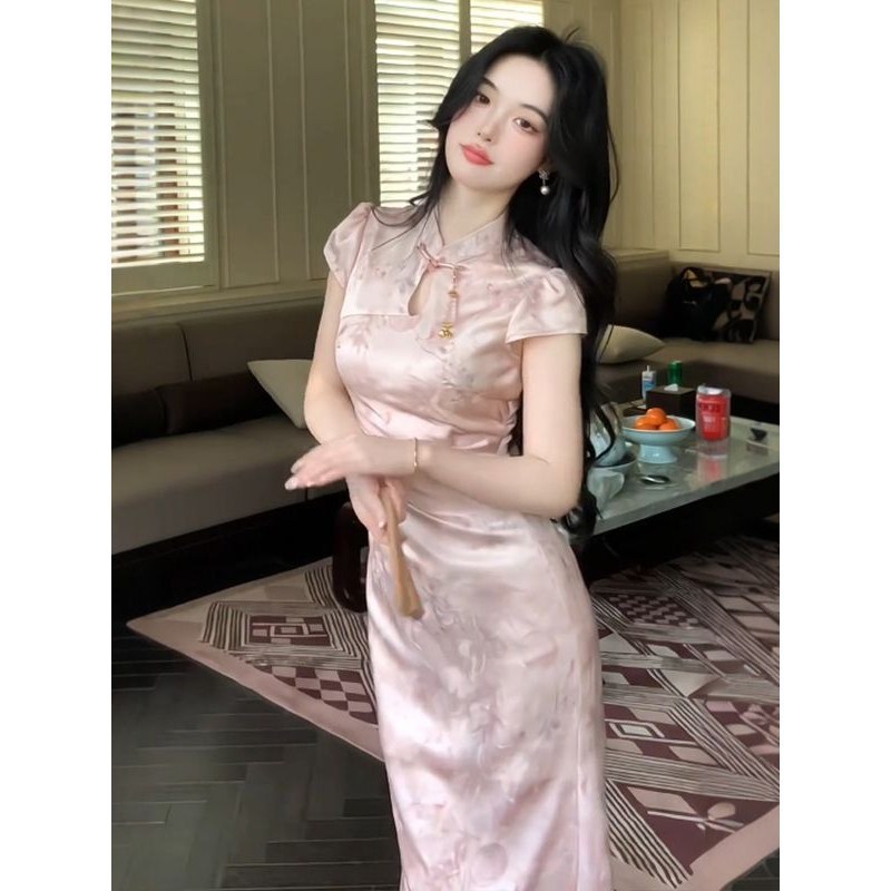 新中国風ピンクのチャイナドレスのワンピース女性は夏2025年に新型の気質が腰を収めて痩せています。|undefined
