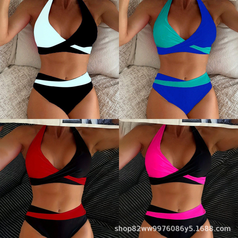 2026 New Bikini Swimsuit Women's Split Pure Color Sexy Splicing Multi-Color Sexy Halterneck Bikini Swimsuit