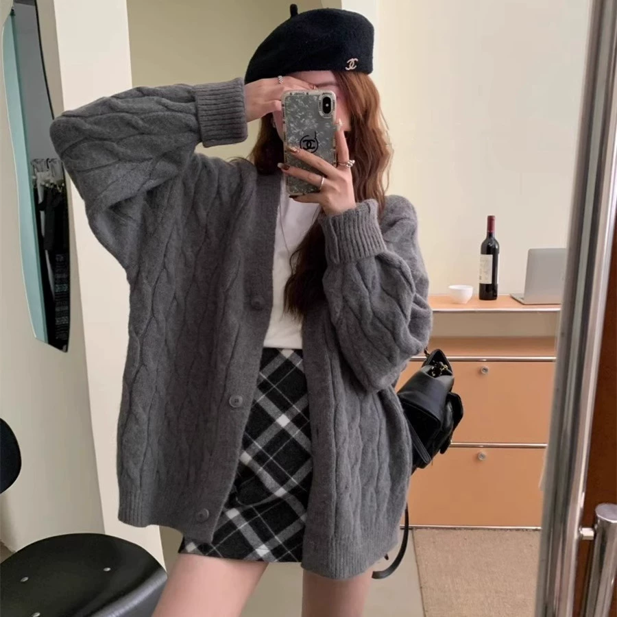 Осенне-Зимний новый уличный мягкий клейкий модный вязаный кардиган 2023 осенне-зимний Универсальный свитер в ленивом стиле Женское пальто