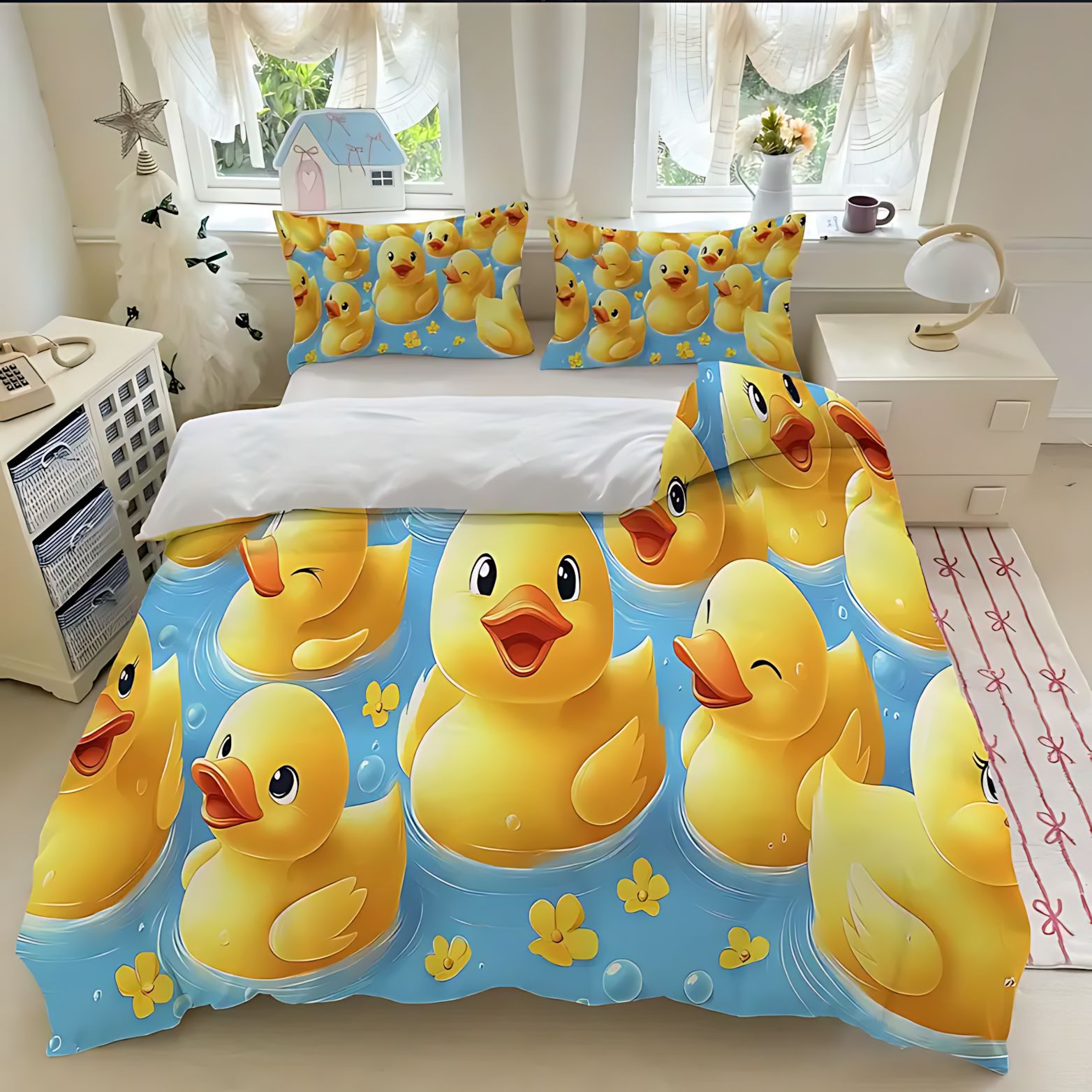 TEMU / JIT comercio exterior impresión digital 3D patito amarillo patrón de pelo abrasivo colcha de cama set