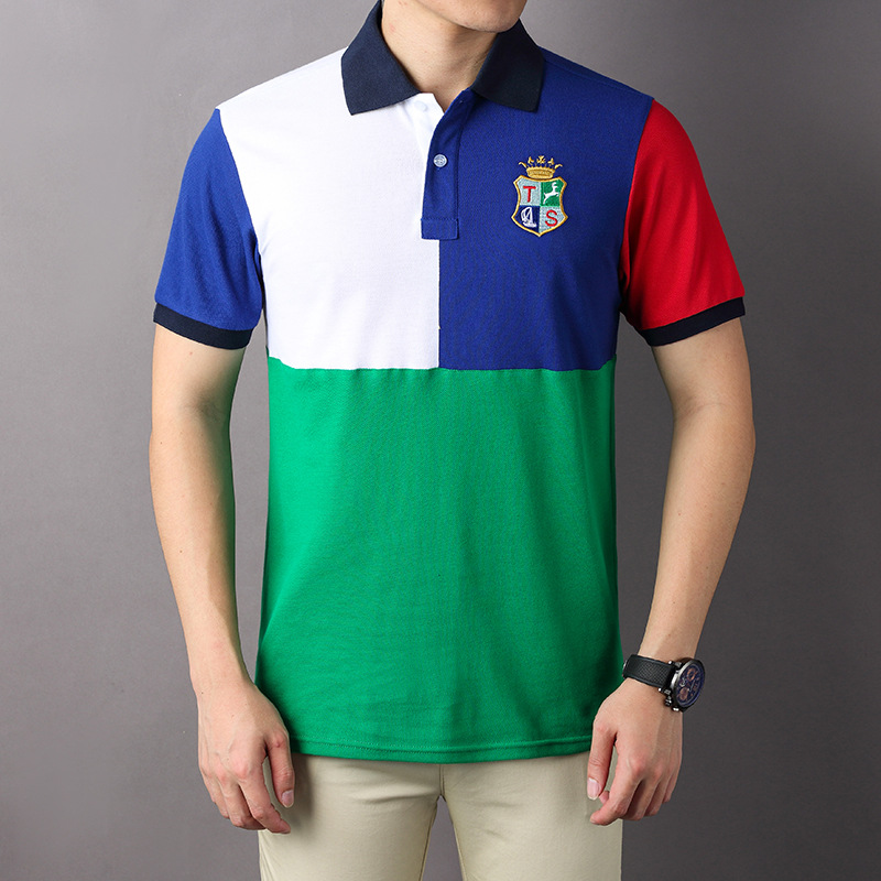 Algodón suelto tamaño europeo bordado marca de moda contraste color polo camiseta de manga corta de los hombres tendencia personalidad contraste color comercio exterior nuevo