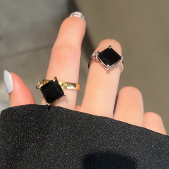 Korean-style fashionable square diamond black open ring for women, personalized design sense, lightweight luxury, versatile, index finger ring, high-end accessory