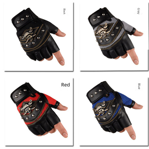 Men's Outdoor Hiking New Pirate Skull Head Personality Rivet Half Finger Leather Autumn Winter Sports Gloves Couple Cycling