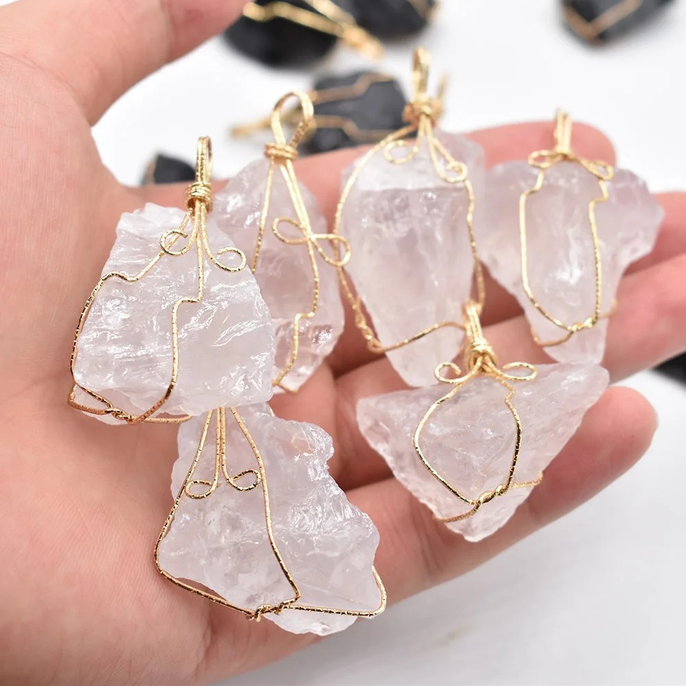 Collier Pendentif Pierre Naturelle Irrégulière Fil Métallique_voghion.com