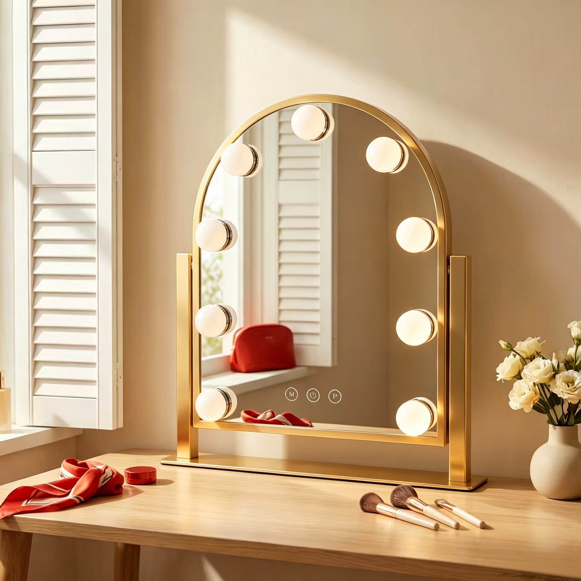 Gebogener Hollywood-Schminkspiegel, 9 dimmbare LED-Lampen, 3 Lichtmodi, Touch-Steuerung mit Memory-Funktion, Kosmetikspiegel für Schlafzimmer-Schminktisch_voghion.com