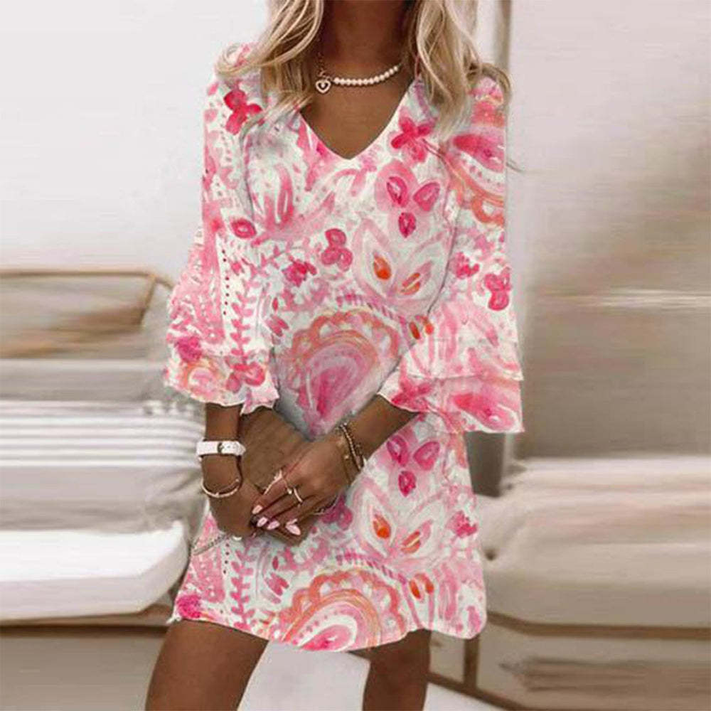 Nuevo estilo transfronterizo europeo y americano Amazon AliExpress Wish estampado fresco con cuello en V 3/4 manga mini vestido de mujer image 15