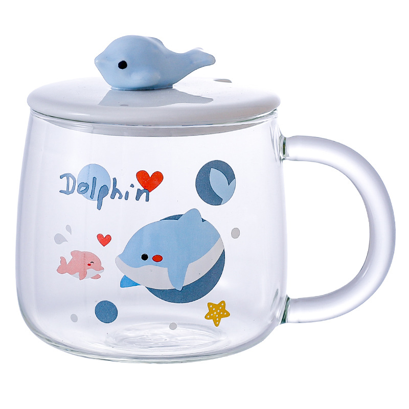 Taza de vidrio resistente al calor taza nórdica oficina en casa pareja delfín taza de agua taza de café de leche con tapa cuchara
