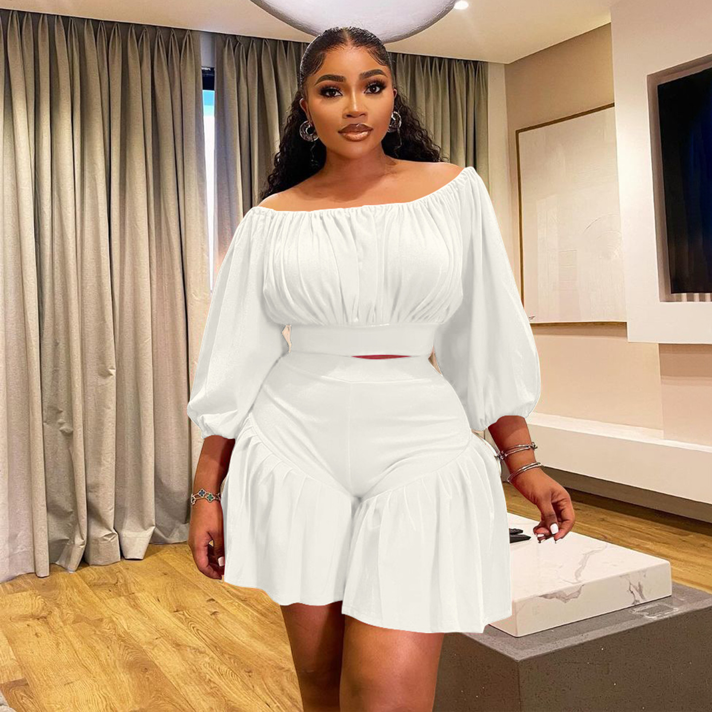 350g Weight Long Sleeve Sleeve Length Spandex, Polyester Fabric Type Shorts Co-ord Set Sets Type 2 Pieces Set Quantity Daily Occasion Off Shoulder Neckline Slim Fit Type Solid Color Pattern Summer Season Casual Style Daily Casual Solid Color Spandex Polyester Shorts Co-ord Set Plus Size Two-piece Sets 17
