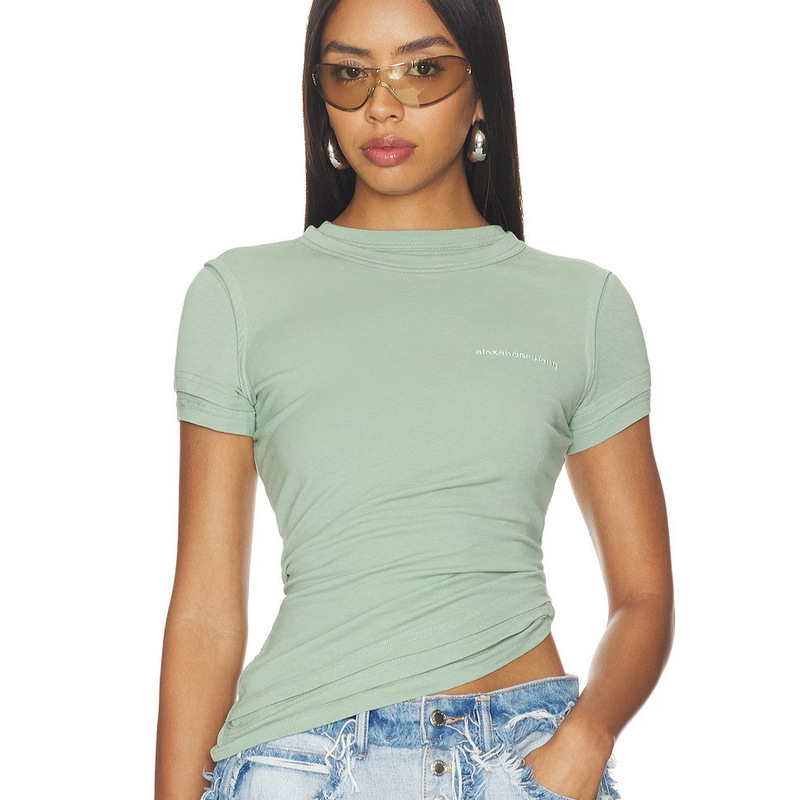 European and American Style Street-Style Short-Sleeved Top with Letter Embroidery, Round Neck, Double-Layered Cuffs, Pleated High-Waist Slim-Fit Basic T-Shirt European and American Style Street-Style Short-Sleeved Top with Letter Embroidery, Round Neck, Double-Layered Cuffs, Pleated High-Waist Slim-Fit Basic T-Shirt