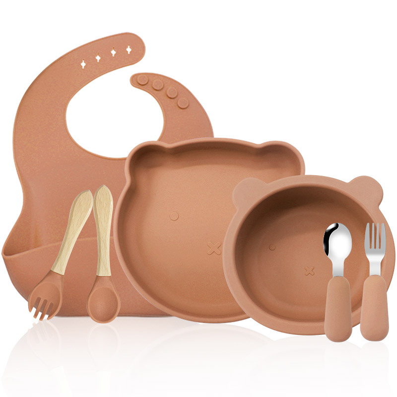 Oso vajilla traje de silicona para niños vajilla alimentación complementaria suministros para bebés 316 tenedor cuchara vajilla de grado alimenticio Tazón