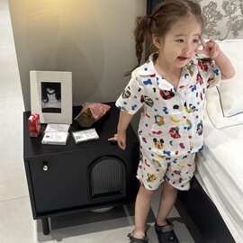 米奇儿童纯棉双层棉纱家居服外穿夏季2025新款宝贝印花短袖短