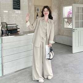 韩系慵懒防晒衬衫吊带阔腿裤三件套女2026夏季穿搭松弛感休闲套装