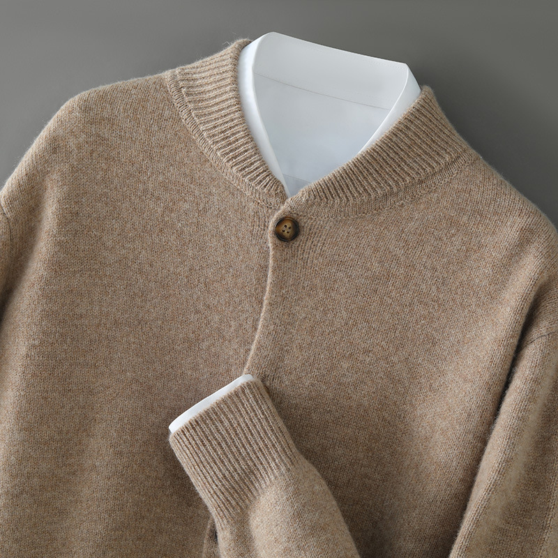 Autumn and Winter Baseball Collar 100% Pure Wool Cardigan Men's Loose Cashmere Knitwear Sweater Thickeneded Warm Accessible Luxury Jacket