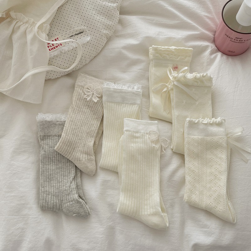 Ballet style white socks women's socks ins spring and summer thin bow cute outside wear pile socks for children