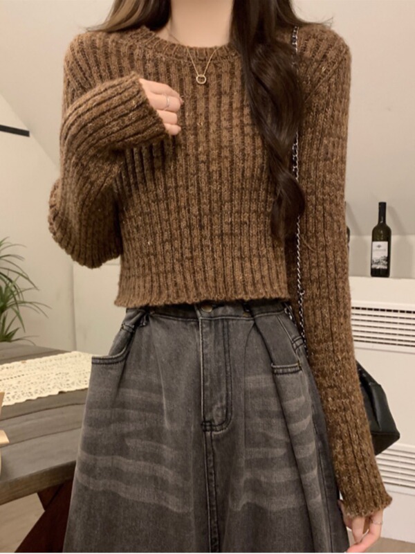 咖色短款针织毛衣女秋季美拉德修身内搭打底衫小个子高腰正肩上衣|undefined