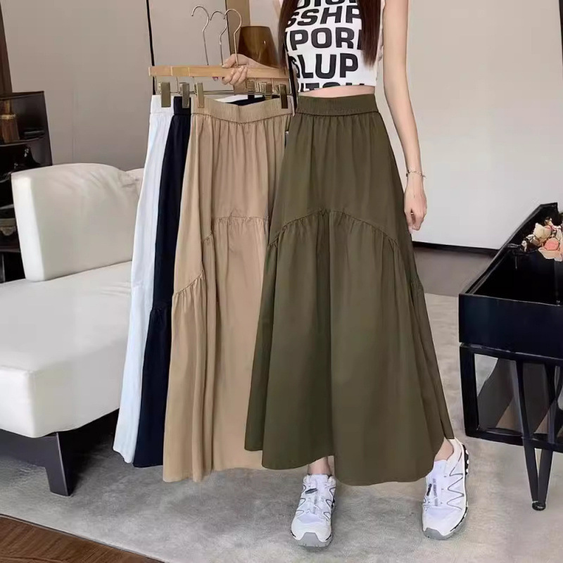 Petite Skirt 2025 Summer New Korean Fashion Design Pleated Patchwork Elastic Waist Long Skirt