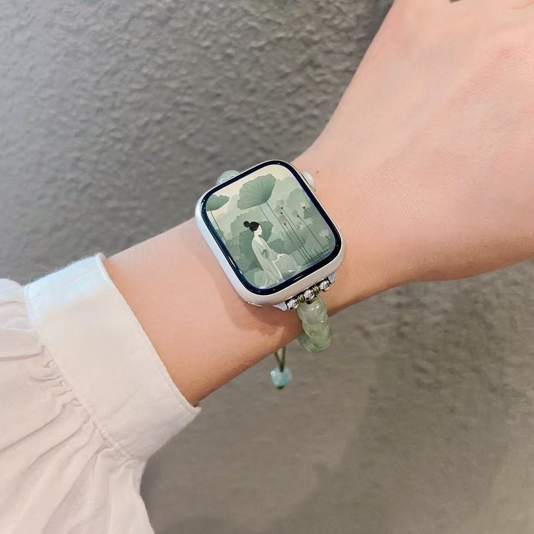 Elegant Teal Green Beaded Braided Rope Suitable for Huawei Xiaomi Apple Watch Strap Personalized Bracelet 9/8/7 Wristband