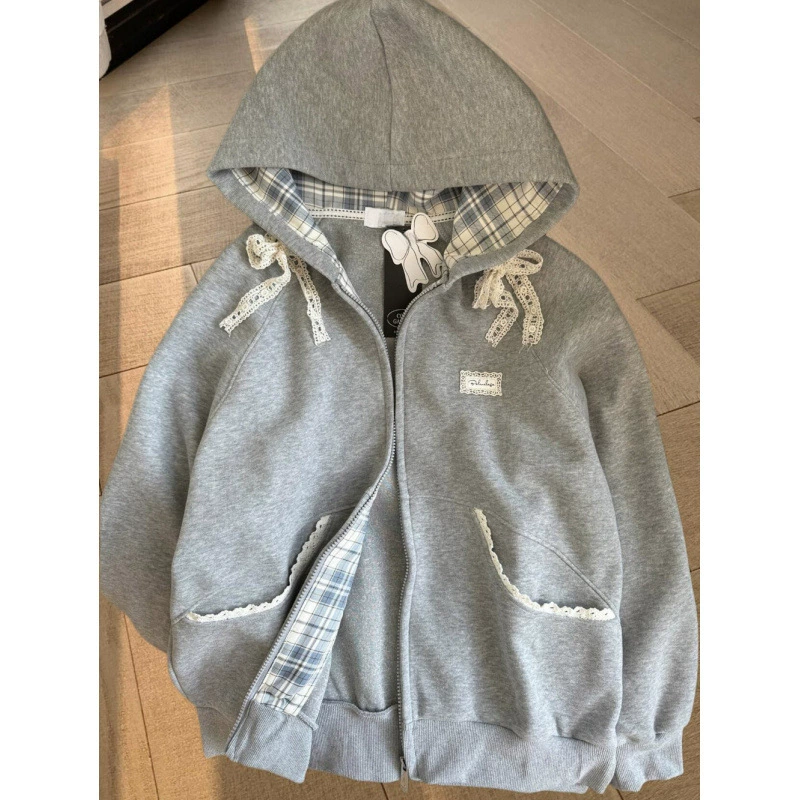 Качественный хлопковый кружевной светшот с бантом, худи, oversize