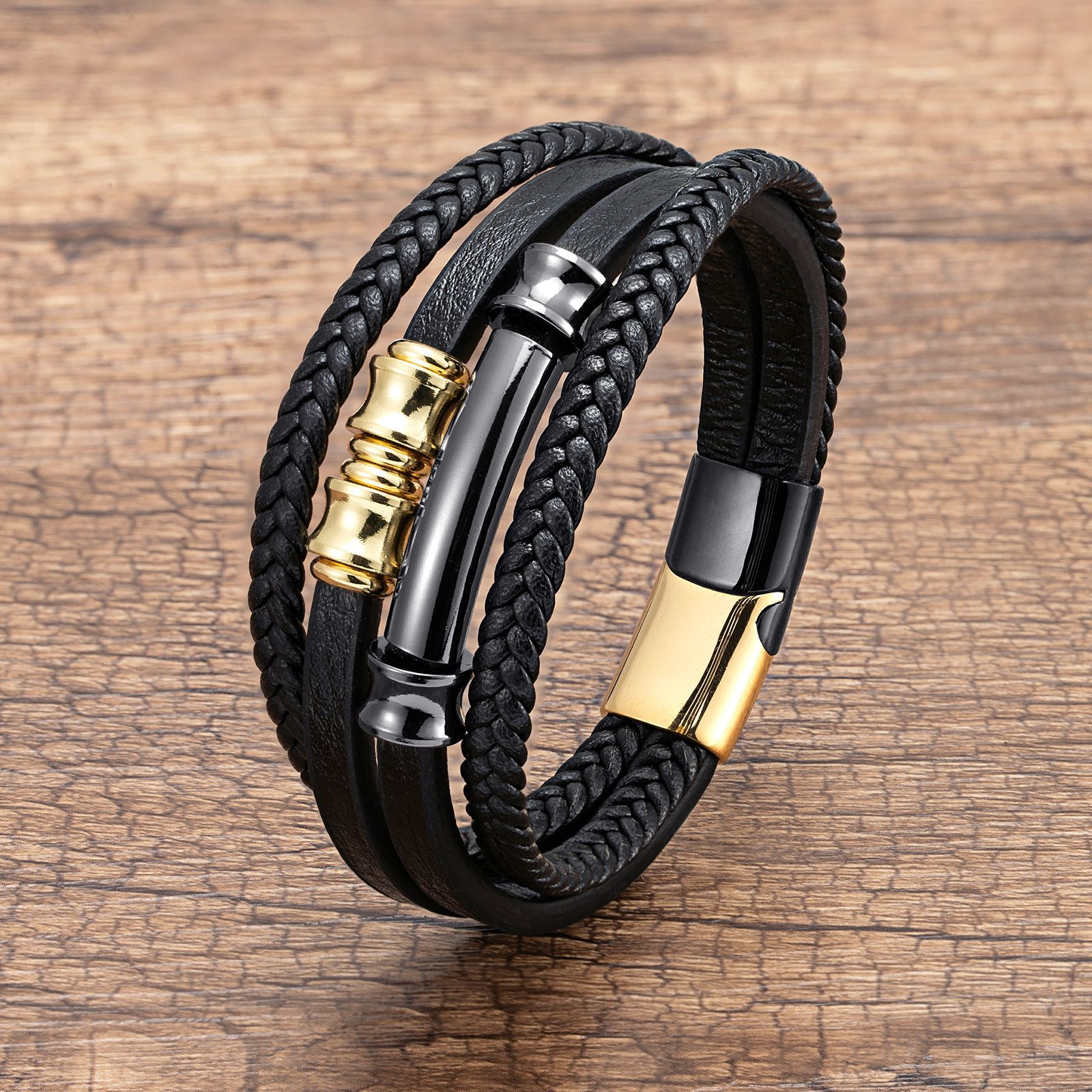 316 Stainless Steel , Pu Leather Material Retro Geometric 304 Stainless Steel Pu Leather Layered Men's Bangle Men Cord & Leather Bracelets
