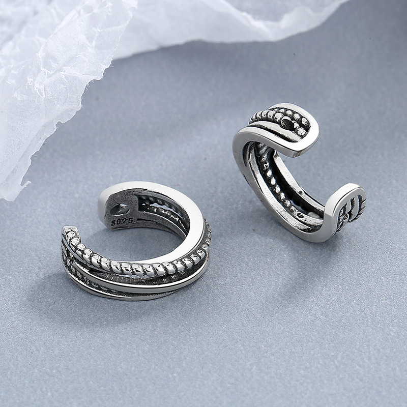 韓版時尚仿泰銀女款耳夾耳扣交叉珠鏈耳飾複古高級感設計飾品批發