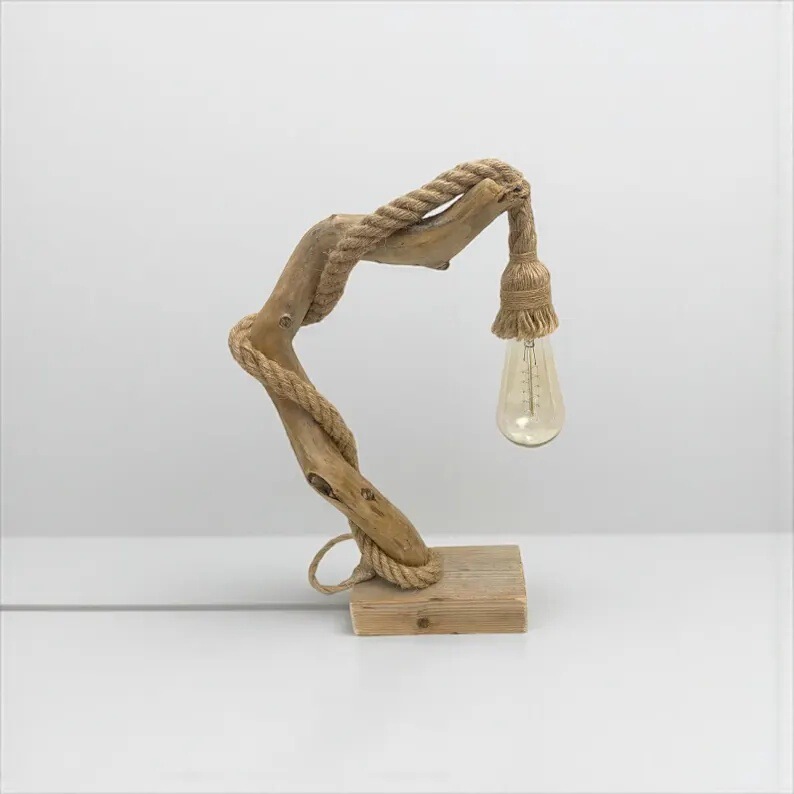 Handmade table lamp with natural branches wrapped in hemp rope, rustic style decoration for bedroom and desktop Handmade table lamp with natural branches wrapped in hemp rope, rustic style decoration for bedroom and desktop