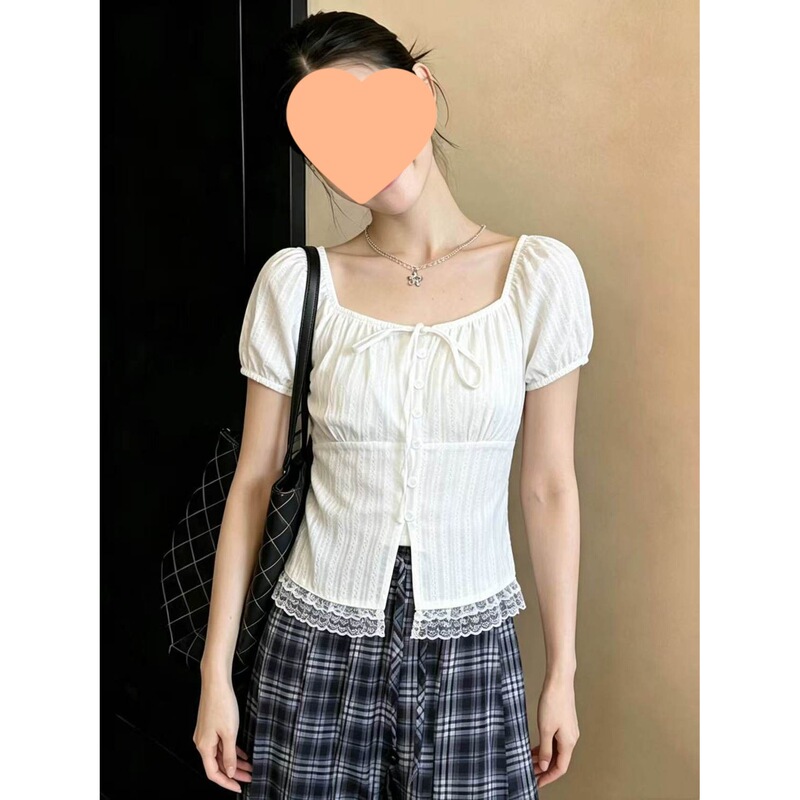 Korean-Style White Lace-Trimmed Tie-Up Short-Sleeve Shirt for Women, New Summer Style, Pure Desire Style, Slim-Fit Short Top, Off-Shoulder Korean-Style White Lace-Trimmed Tie-Up Short-Sleeve Shirt for Women, New Summer Style, Pure Desire Style, Slim-Fit Short Top, Off-Shoulder