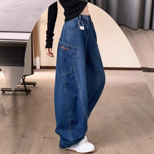American Retro High Street Scimitar Jeans for Women, New Spring and Autumn High-Waisted Loose Slimming Large Pocket Floor-Length Wide-Leg Pants