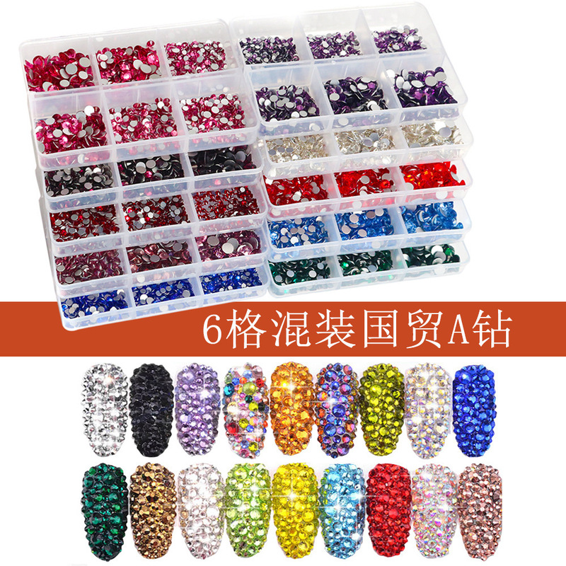 Cross-Border Hot-Selling Nail Art Flat-Bottomed Diamond Mixed Color Champagne 6-Grids Mixed Batch Nail DIY Jewelry Stickers Diamond Nail Art Jewelry Wholesale