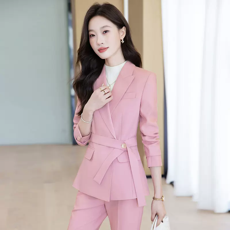 西服播音主持职业套裤时尚粉色腰带西装女秋冬气质休闲女套装
