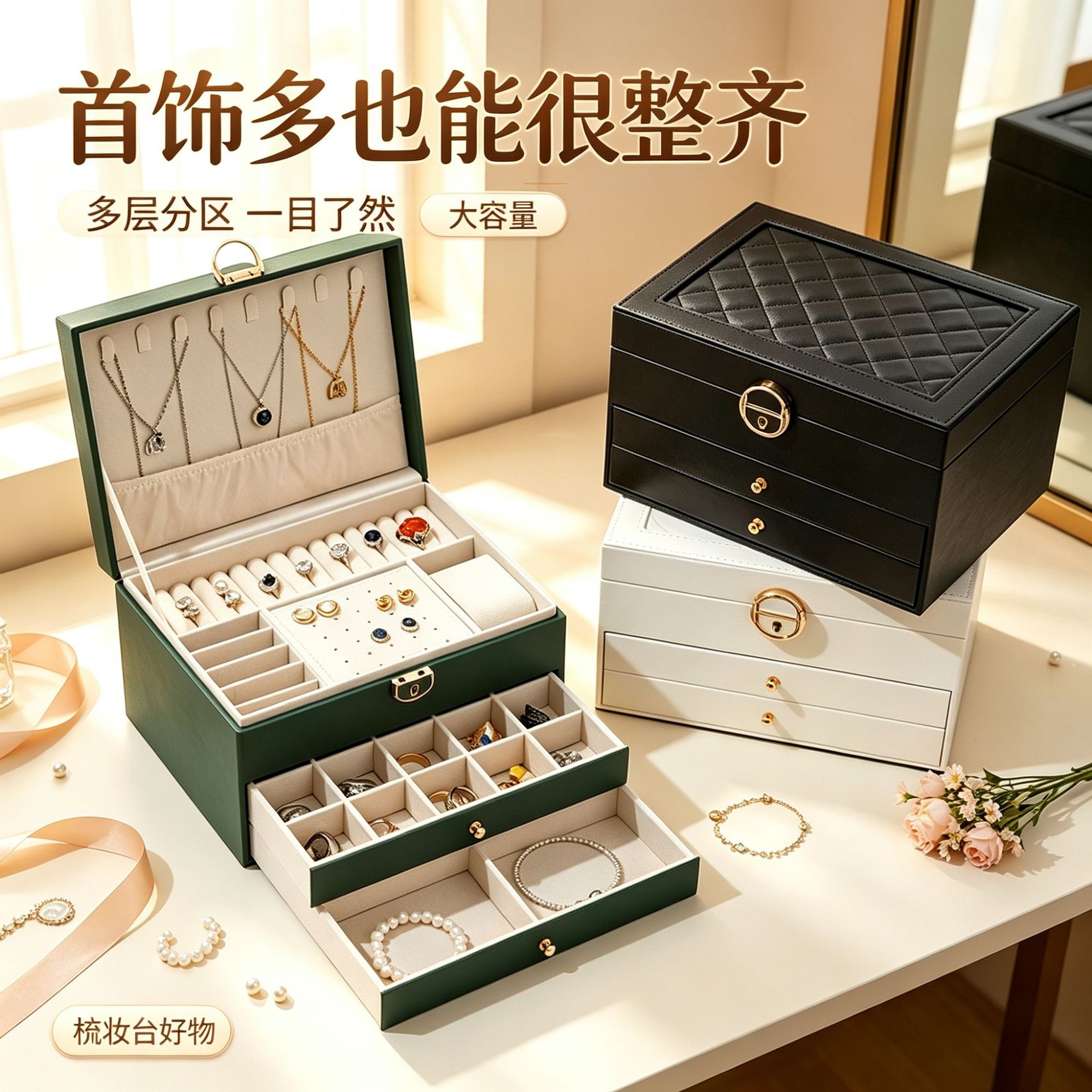 三层首饰盒PU皮项链戒指手镯饰品收纳盒旅行便捷首饰收纳盒摆台