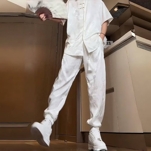 Mens Summer Traditional Chinese Style Dragon Pattern Embroidered Silk Ice Fabric Suit with Tied Ankle Straight Leg Pants