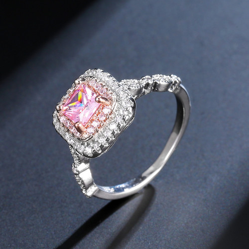 Baojiali plated 925 silver pink color gold micro-set simulation diamond ring square diamond princess ladies ring