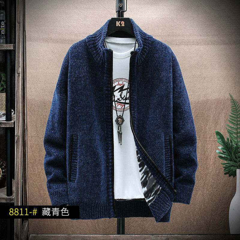 Mid-Length Outwear Men's Autumn and Winter Velvet Thickeneded Hooded Warm Windbreaker Korean Style Trendyy Knitwear Knitwear Cardigan