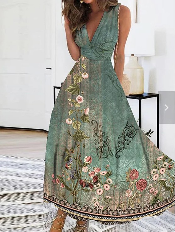 Frau Swing-kleid Lässig V-ausschnitt Drucken Ärmellos Blume Maxi Langes Kleid Täglich Straße display picture 4