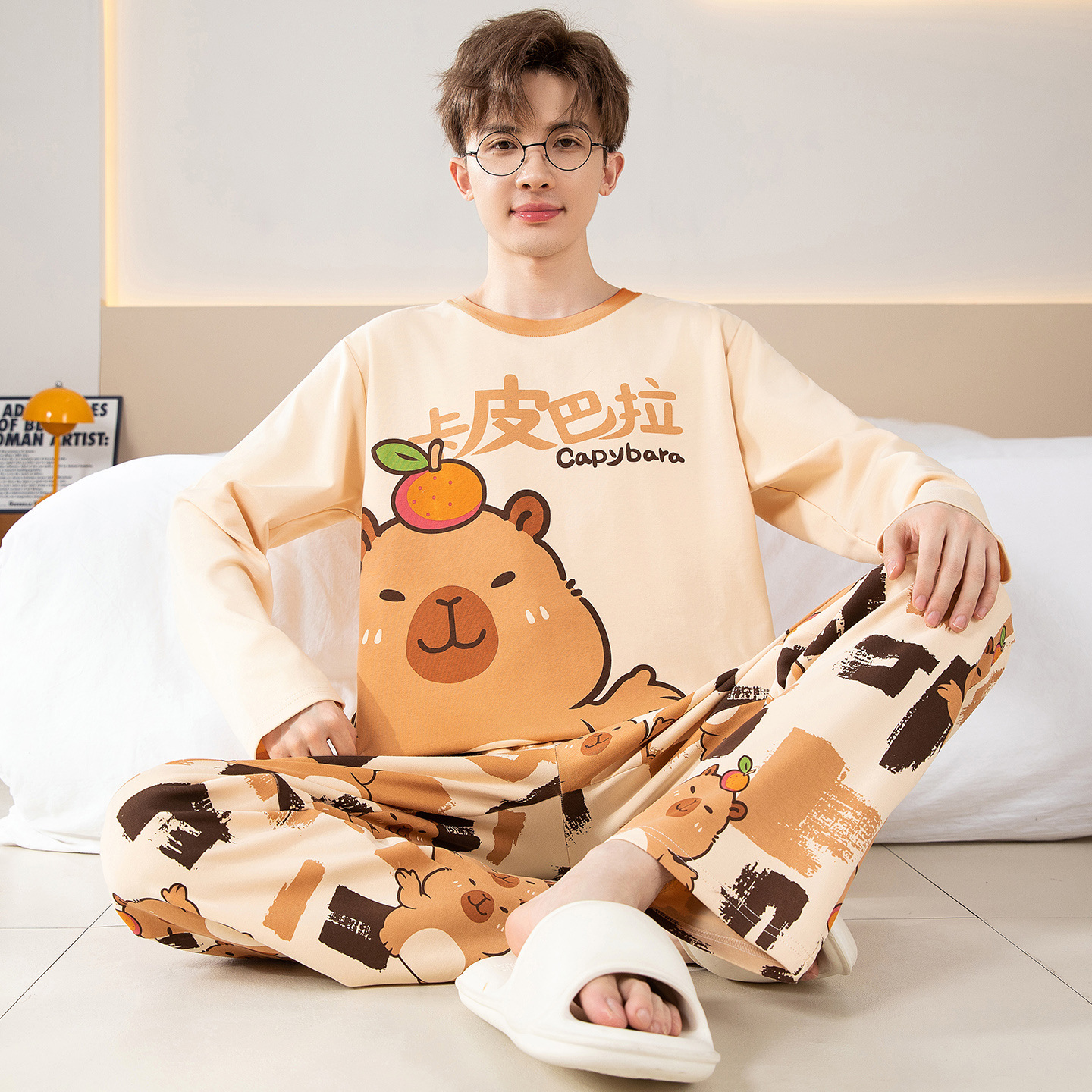 Pure Cotton Men's Pajamas Long-Sleeved Pants Spring and Autum New Cartoon Teenagers Student Home Clothes Plus Size Suit
