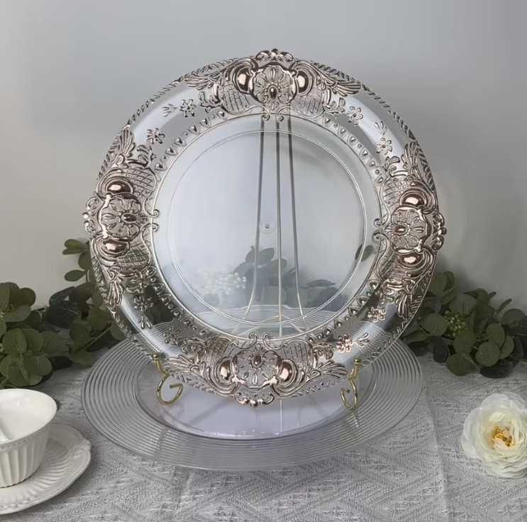 Cargador de plástico retro al por mayor decoración de fiesta de bodas 13 pulgadas oro plata borde cargador transparente