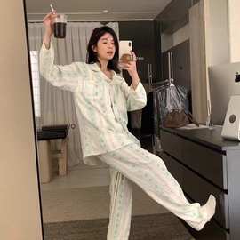 KALUANNIAO巴洛克花园bra睡衣女长袖长裤带杯垫休闲家居服套装秋