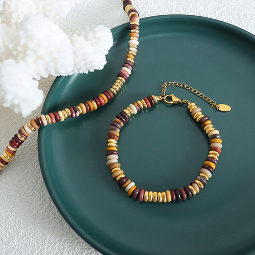 Handmade Bead Necklace Set with Natural Multicolored Stone Beads, Ethnic Style, Retro Fashion, Personalized Bracelet and Jewelry Set
