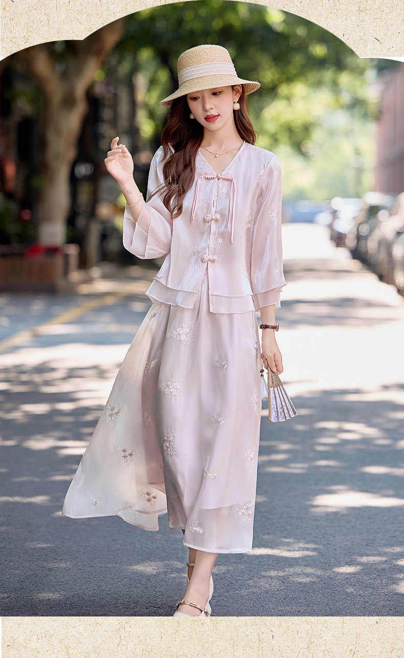 Bộ đầm maxi nữ thắt eo phong cách Trung Hoa mới tay ngắn cổ đứng — Màu như hình chi tiết 17