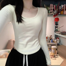 磨毛方领长袖T恤女春秋冬内搭短款打底衫辣妹修身显瘦上衣