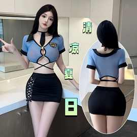 情趣内衣女警制服cos连体套装性感镂空绑带秘书包臀裙火辣透视V领