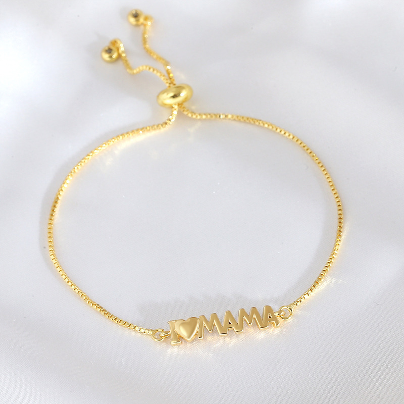 Mother's Day Bracelet, Adjustable Bracelet, Smooth Surface, Mama Heart-Shaped Letter Jewelry, Real Gold Electroplating, Creative Surprise Gift