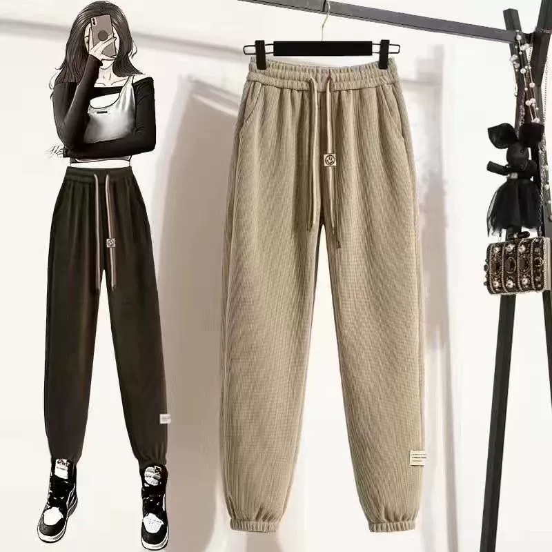 Женские вельветовые спортивные брюки, весенне-осенний стиль, с высокой талией, стройнящие, свободного кроя, универсальные, повседневные, спортивные, брюки-джоггеры, свободные и стройнящие.