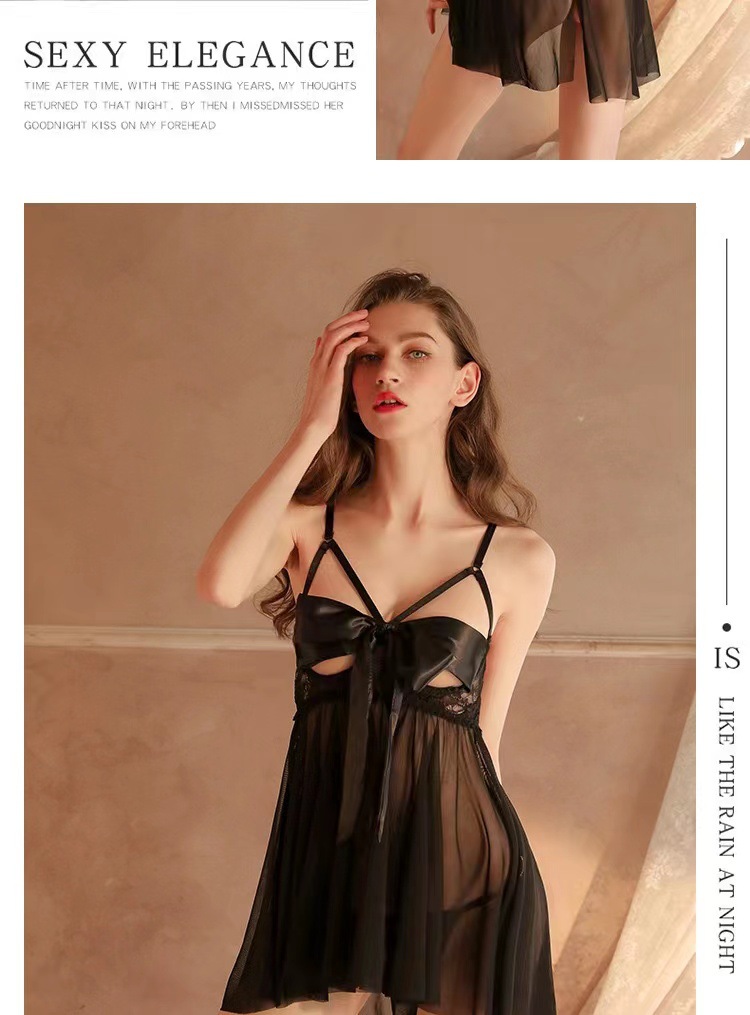 Black Polyester Babydoll Lingerie Set with Steel Push-up Bra and Open Front — detail image 12